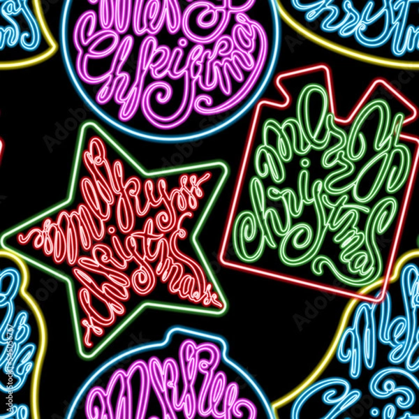 Fototapeta Merry Christmas calligraphy- neon-like inscriptions. Vector seamless pattern black