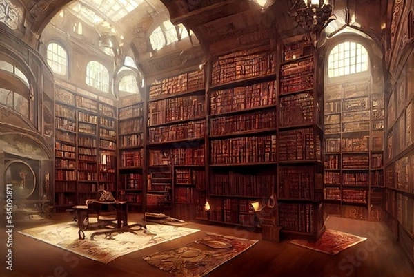 Fototapeta Great Victorian Fantasy library with hundreds of books in castle
