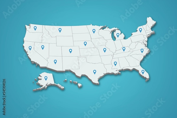 Fototapeta United State map 3D with location pin illustration on isolated background