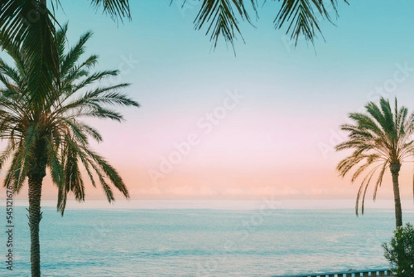 Fototapeta Palm tree leaves on sunset sky background and blue ocean water. Tropical travel and vacation concept photo in retro colors with space for text