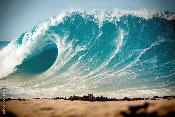 Obraz Beach Time on a beautiful sun day on a sandy beach with a huge breaking wave close to the beach, generative ai