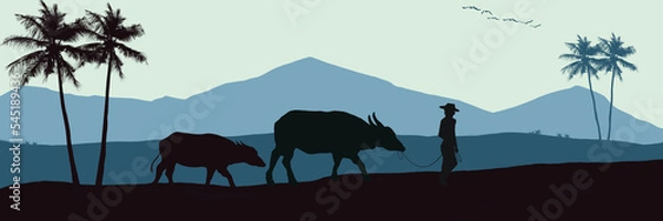 Obraz Black silhouette of Thai farmer's way of life, leading two buffaloes, returning home among mountains.silhouette.silhouette of coconut trees. Silhouette of birds flying back to its nest