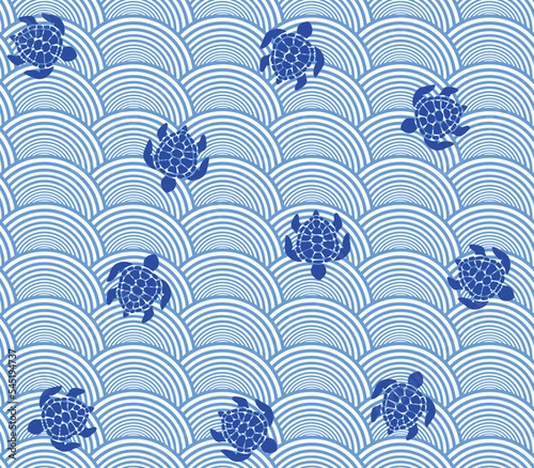 Fototapeta Abstract Geometric Waves Sea Turtle Silhouettes Seamless Vector Pattern Swimwear Concept Geometric Ocean Style Design