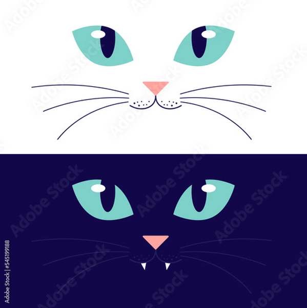 Fototapeta Faces of white and black cats. Vector illustration. Template for banner, postcard, poster or t-shirt. Cat muzzle in flat style
