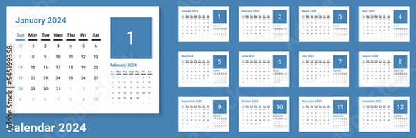Fototapeta Template of desk calendar 2024 with minimal design and blue as main color. vector of calender 2024 week start on sunday and sunday as weekend. A5 size. good for planner, schedule, agenda, etc.