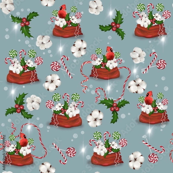 Obraz Seamless Christmas pattern with lollipops and red cardinal bird on a blue background