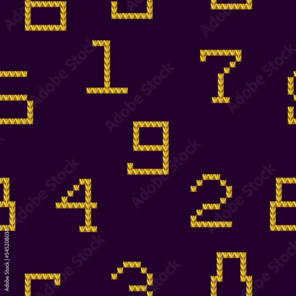 Fototapeta The seamless Cross stitch pattern of gold color numbers 0 to 9 on dark purple color for the background