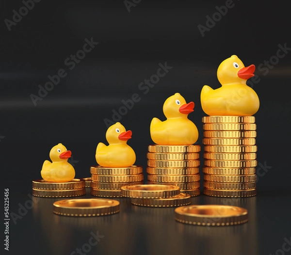 Fototapeta Yellow rubber ducks and stacks of gold coins, growth concept, 3d render