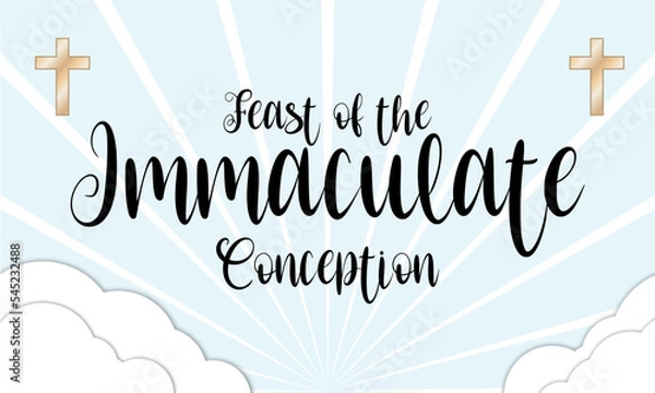 Fototapeta Feast of the Immaculate Conception illustration. Blessed Virgin Mary in heaven icon. Saint Mary and blue sky illustration. Immaculate Conception Day Poster, December 8. Important day