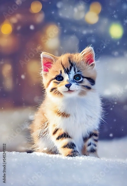 Fototapeta Little kitten in the snow, winter landscape, Christmas card 