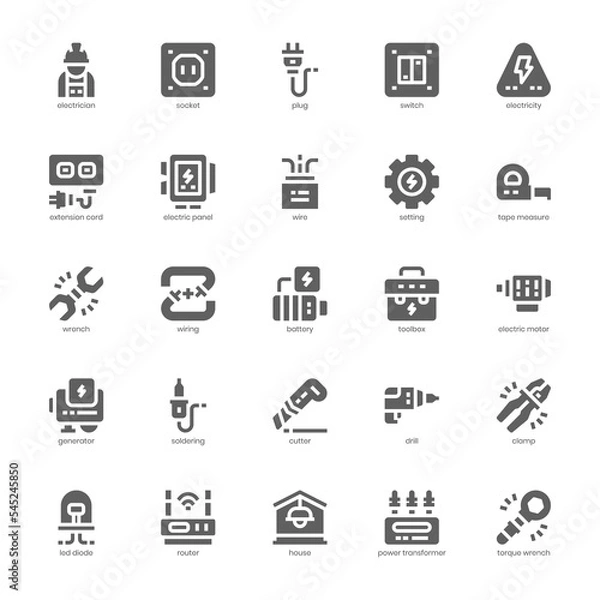 Fototapeta Electrician icon pack for your website, mobile, presentation, and logo design. Electrician icon glyph design. Vector graphics illustration and editable stroke.