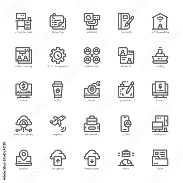Fototapeta Remote Working icon pack for your website, mobile, presentation, and logo design. Remote Working icon outline design. Vector graphics illustration and editable stroke.