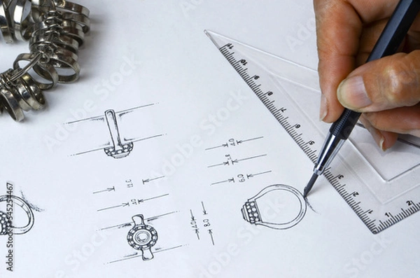 Fototapeta Jewelry design drawing On paper, draw a detailed diamond ring jewelry sketch on the top and side of the actual size of the jewelry. along with drawing tools and creative metal rings Design Studio.
