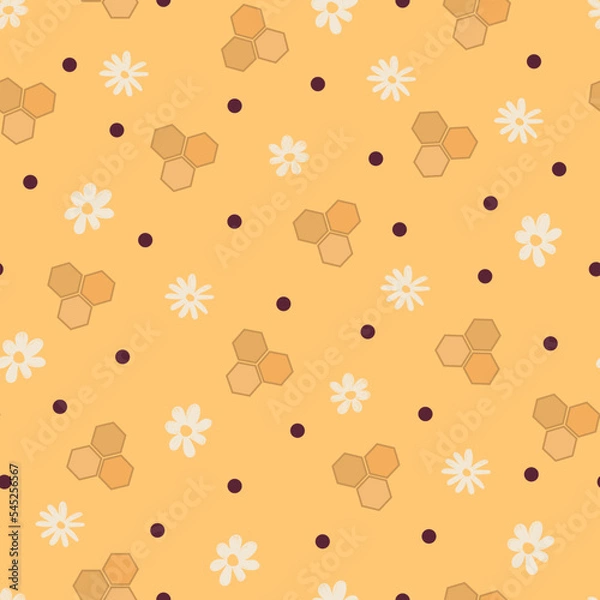 Obraz Pattern with honeycombs, daisies and dots. Seamless, vector illustration
