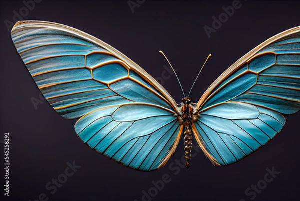 Fototapeta Blue turquoise tropical butterfly with wings spread and on black background, close-up macro. 3d render.