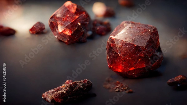Fototapeta Several raw red ruby gem on dark background. Red jewel stone. Expensive red ruby stone.