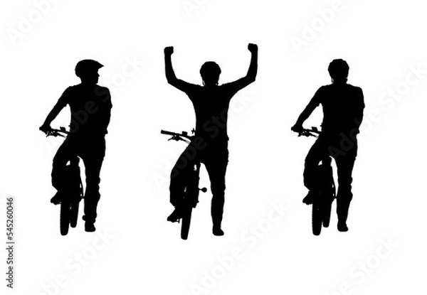 Fototapeta Black silhouette of cyclist with bicycle on white background. 3 in 1 Collage, front view full length. Male bicyclist in sportswear and a bicycle helmet. Traveling, training, active rest.