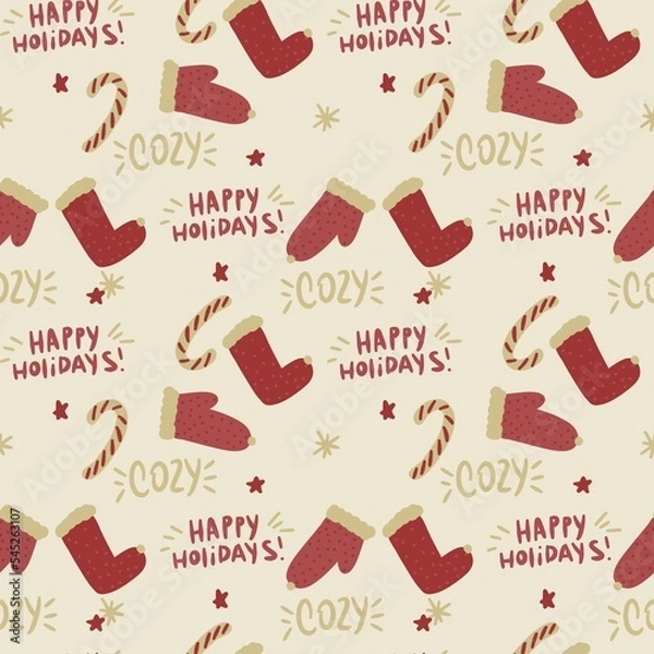Obraz seamless beige christmas pattern with mittens