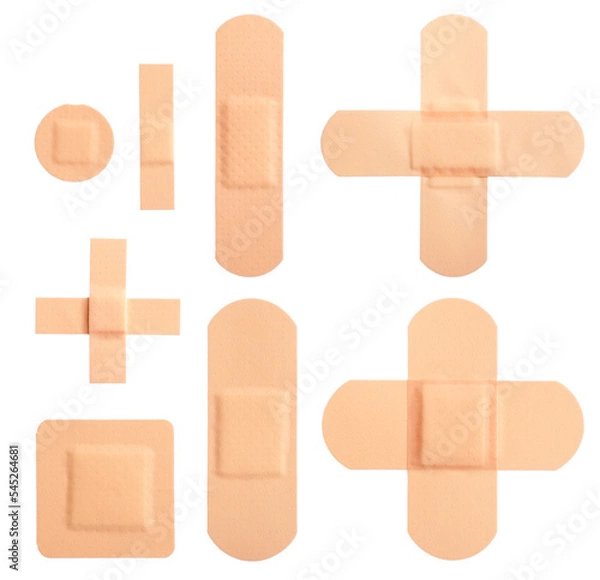 Fototapeta set of different bandaids or plasters isolated on white background