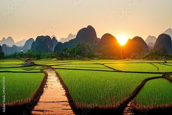 Fototapeta Sunset over green rice fields and mountains in Vang Vieng, Laos
