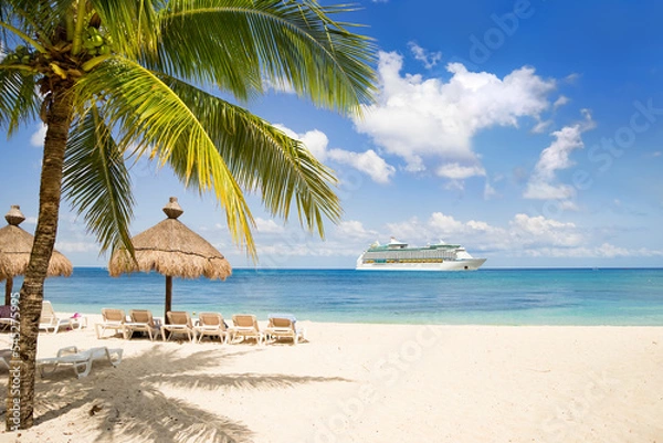 Fototapeta View from tropical beach on cruise ship sailing from port 