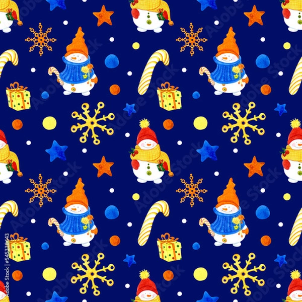 Obraz Seamless pattern. Watercolor illustration. Christmas snowmen, snowflakes, candies, gifts, confetti on a dark blue background. For packaging, paper, fabric, etc.