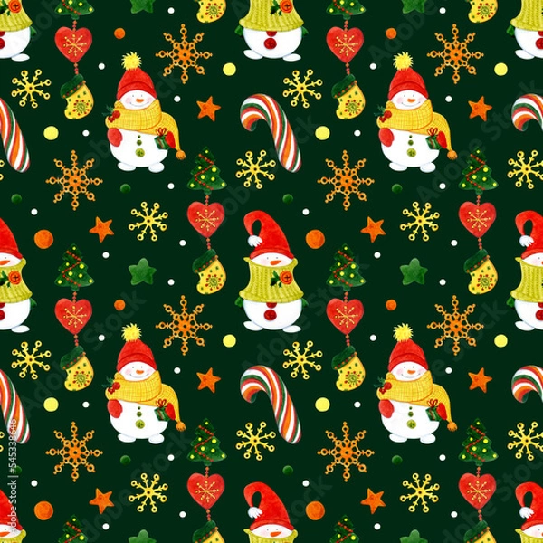 Obraz Seamless pattern. Christmas snowmen, snowflakes, candy, Christmas tree, confetti on a dark green background. Watercolor illustration. For packaging, paper, fabric, etc.