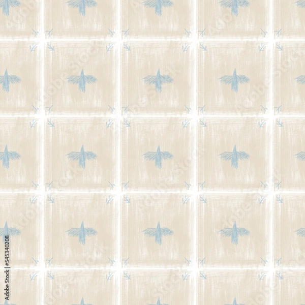 Fototapeta Mosaic texture ceramic tile. Beige seamless pattern. Ancient tessellation ornament. Blue crow pencil drawing. Design for wrapping paper, wallpaper, textile.
