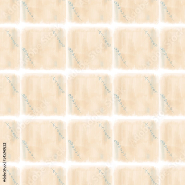 Fototapeta Mosaic texture ceramic tile. Beige seamless pattern. Ancient tessellation ornament. Blue flower pencil drawing. Design for wrapping paper, wallpaper, textile.