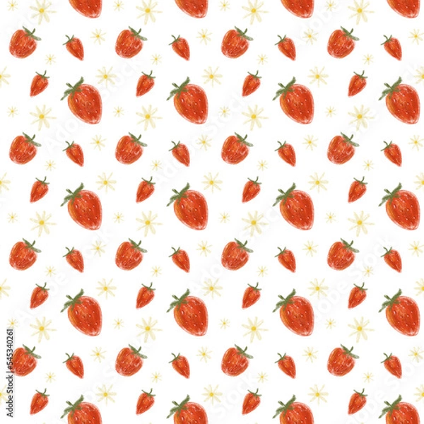 Fototapeta Strawberry seamless pattern. Red fruit hand draw tile on white background. Design for wrapping paper, wallpaper, textile. Vegetarian fabric, tablecloth texture