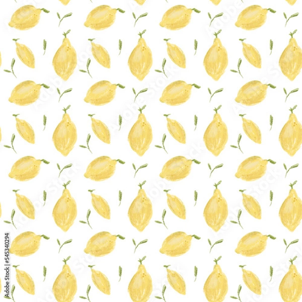 Fototapeta Lemon seamless pattern. Yellow fruit hand draw tile on white background. Design for wrapping paper, wallpaper, textile. Vegetarian fabric, tablecloth texture