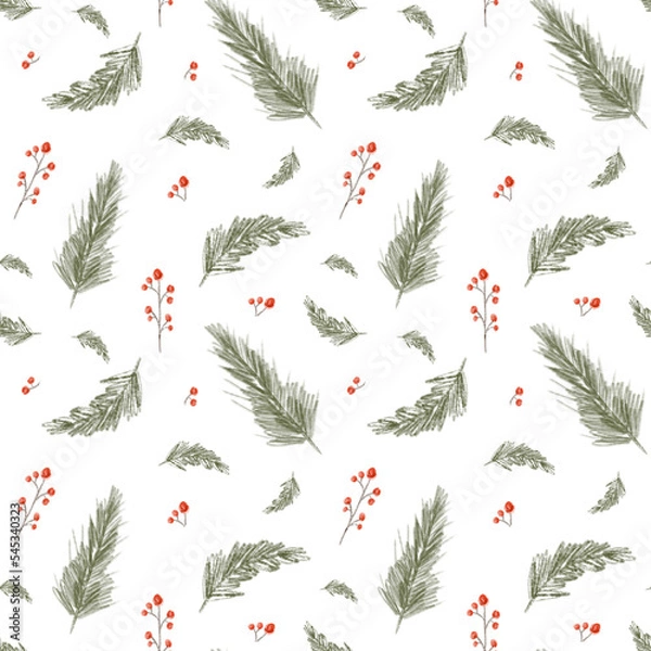 Fototapeta Christmas seamless pattern. Fir branches tile on white background. Design for wrapping paper, wallpaper, textile. Tablecloth winter texture, holiday pattern
