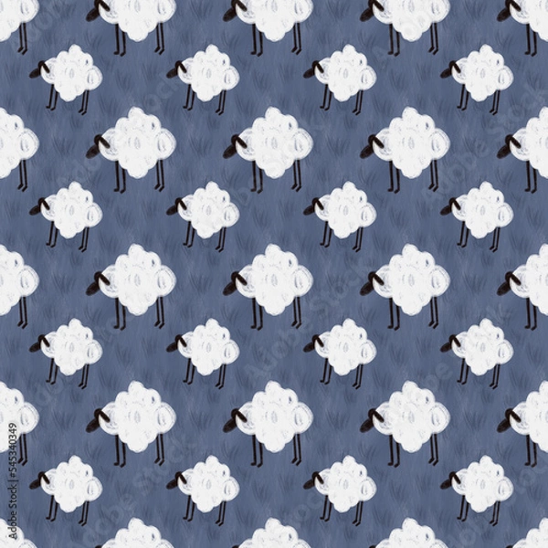 Fototapeta White sheep on dark blue background with texture grass. Design for wrapping paper, wallpaper, textile. Tablecloth texture. Trendy background