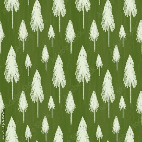 Fototapeta Christmas seamless pattern. Pencil Christmas tree tile on green background. Design for wrapping paper, wallpaper, textile. Tablecloth winter texture, holiday pattern