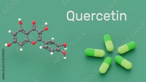 Fototapeta Quercetin - plant flavonol from the flavonoid group of polyphenols. Quercetin molecule and capsules. Quercetin  antioxidant. 3d illustration