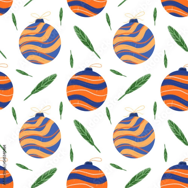 Fototapeta Christmas seamless pattern. Christmas tree toy tile on white background. Design for wrapping paper, wallpaper, textile. Tablecloth winter texture, holiday pattern