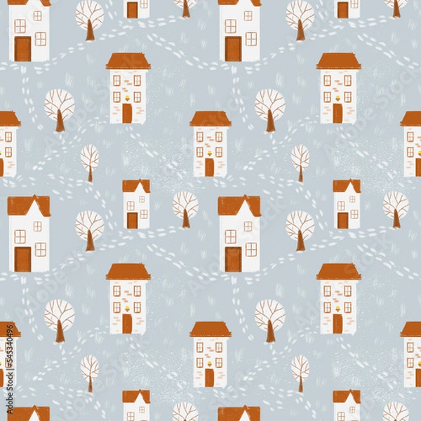 Fototapeta Christmas seamless pattern. Snow covered house and tree tile on blue background. Design for wrapping paper, wallpaper, textile. Tablecloth winter texture, holiday pattern