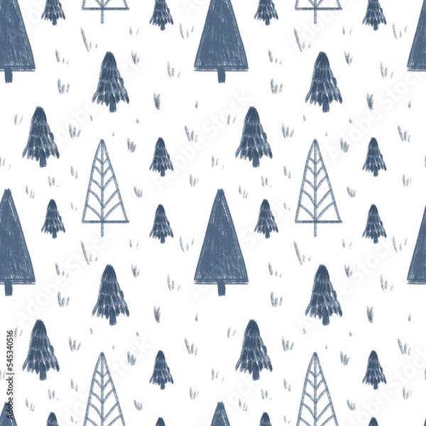 Fototapeta Christmas seamless pattern. Pencil blue Christmas tree and snowflakes tile on white background. Design for wrapping paper, wallpaper, textile. Tablecloth winter texture, holiday pattern