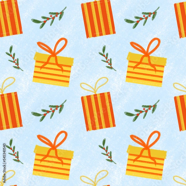 Fototapeta Gift box and fir branches tile on blue background. Christmas seamless pattern. Design for wrapping paper, wallpaper, textile. Tablecloth winter texture, holiday pattern