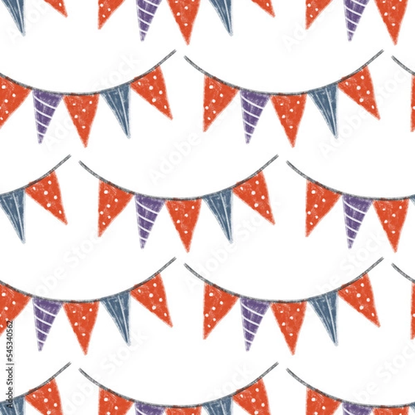Fototapeta Paper garland with red and violet flags tile on white background. Christmas seamless pattern. Design for wrapping paper, wallpaper, textile. Tablecloth winter texture, holiday pattern