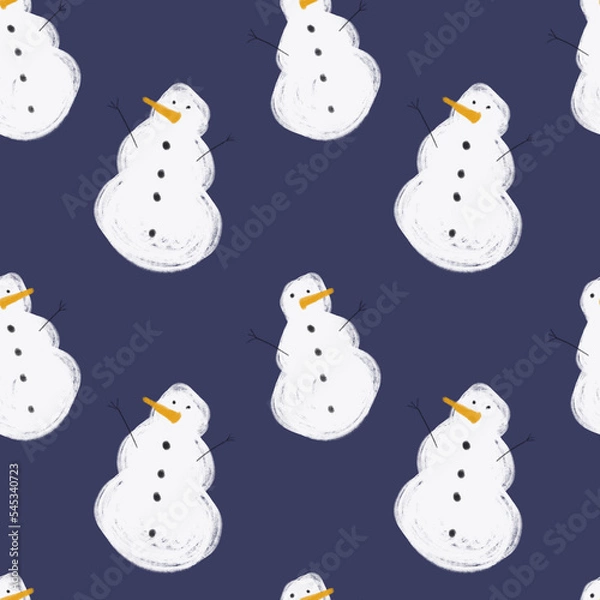 Fototapeta White snowman tile on dark violet background. Christmas seamless pattern. Design for wrapping paper, wallpaper, textile. Tablecloth winter texture, holiday pattern