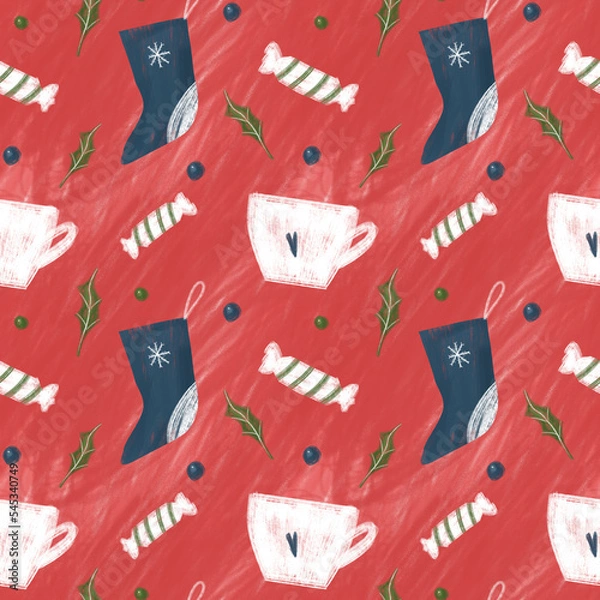 Fototapeta Christmas seamless pattern. New Year elements - sock, candy, fir brunches on red background. Design for wrapping paper, wallpaper, textile. Tablecloth winter texture, holiday pattern