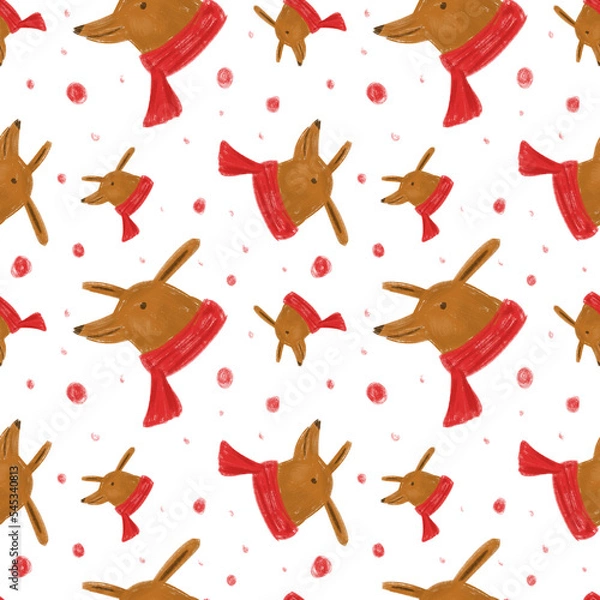 Fototapeta Dog faces with red scarf. Christmas seamless pattern. Design for wrapping paper, wallpaper, textile. Tablecloth winter texture, holiday pattern