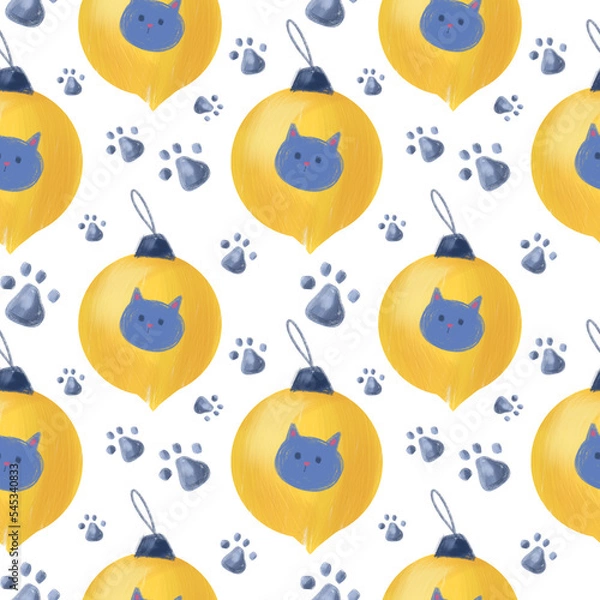Fototapeta Christmas yellow toy with cat faces. Christmas seamless pattern. Design for wrapping paper, wallpaper, textile. Tablecloth winter texture, holiday pattern