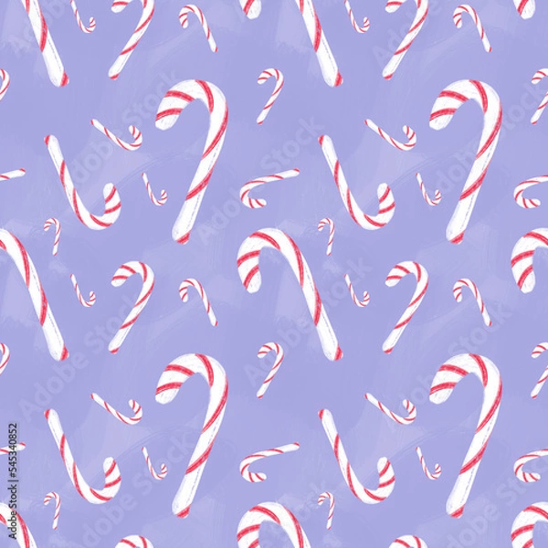Fototapeta Christmas lollipop on lavender background. Christmas seamless pattern. Design for wrapping paper, wallpaper, textile. Tablecloth winter texture, holiday pattern