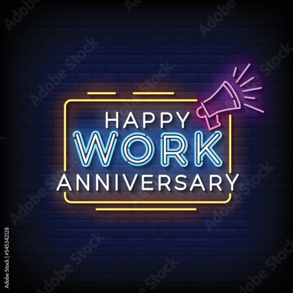 Obraz Neon Sign happy work anniversary with brick wall background vector