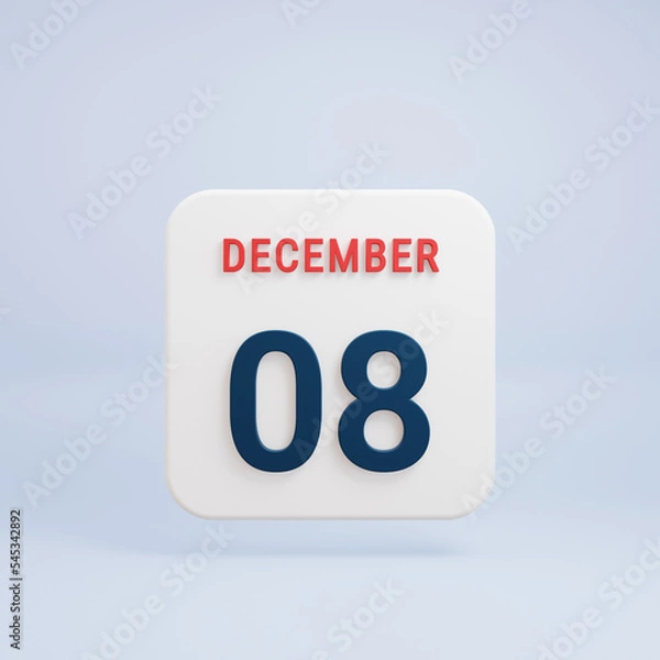 Fototapeta December Realistic Calendar Icon 3D Rendered Date December 08