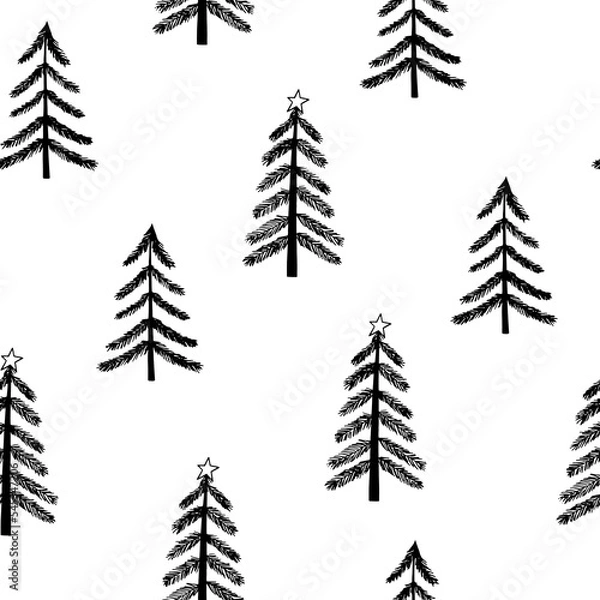Fototapeta christmas tree seamless pattern hand drawn in doodle style. silhouette, simple, minimalism, monochrome