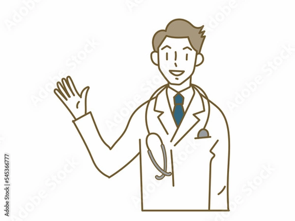 Fototapeta 片手を上げて説明する白衣ネクタイの若い医師