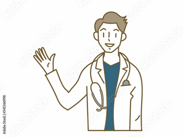 Fototapeta 片手を上げて説明するスクラブに白衣を羽織った若い男性医師
